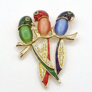 Three Parrot Jelly Belly Brooch Cat’s Eye Cabochons, Enamel & Rhinestones
